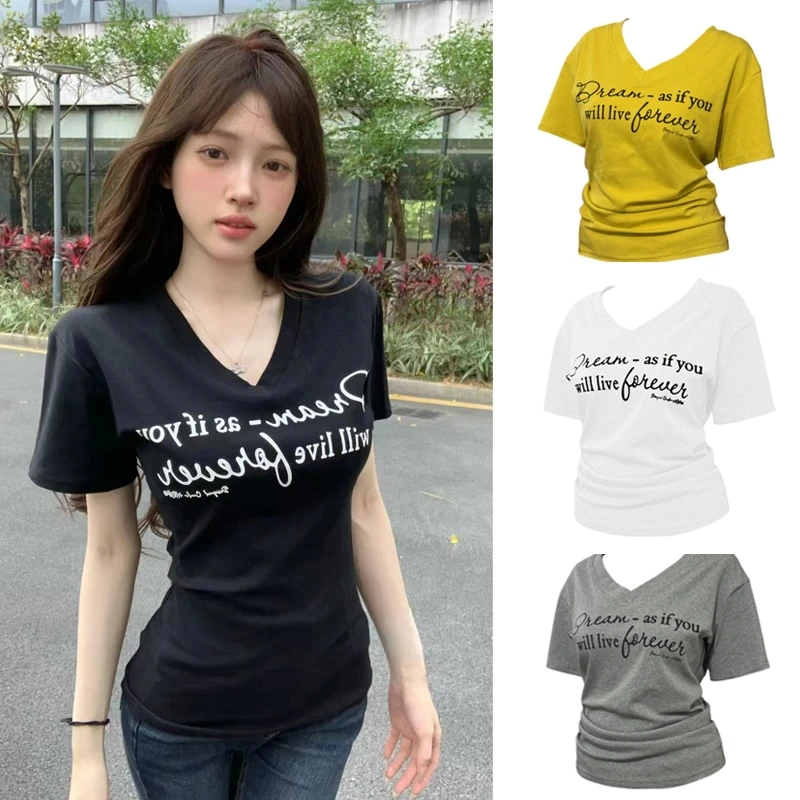运补6-8】字母短袖T恤女2025新款显瘦遮肉辣妹V领夏季百搭韩版上衣