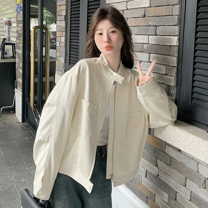 米白色立领短款外套女春秋款2025新款韩系小个子气