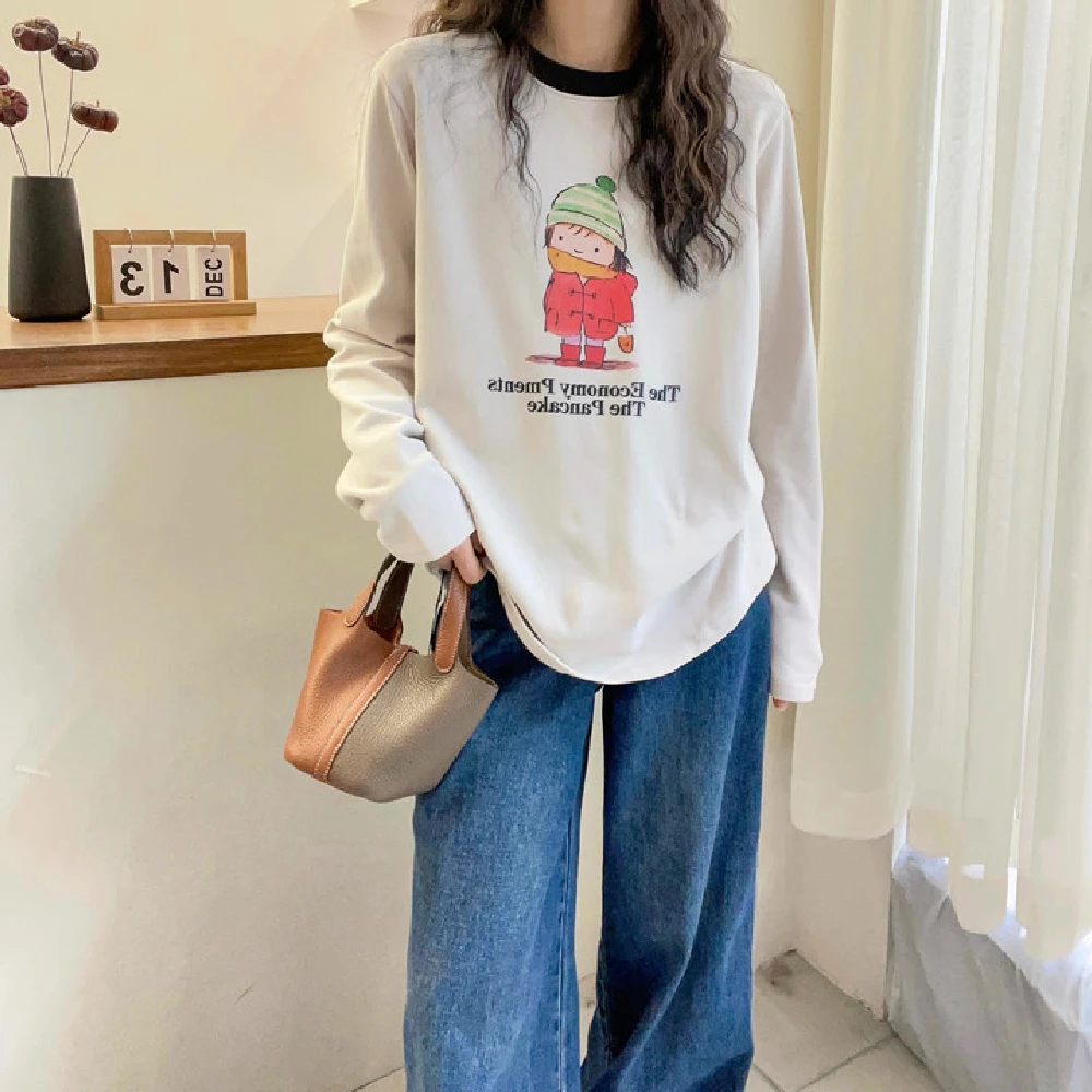 冬季女士新款圆领长袖宽松显瘦套头拼接保暖卡通印花简约可爱体恤