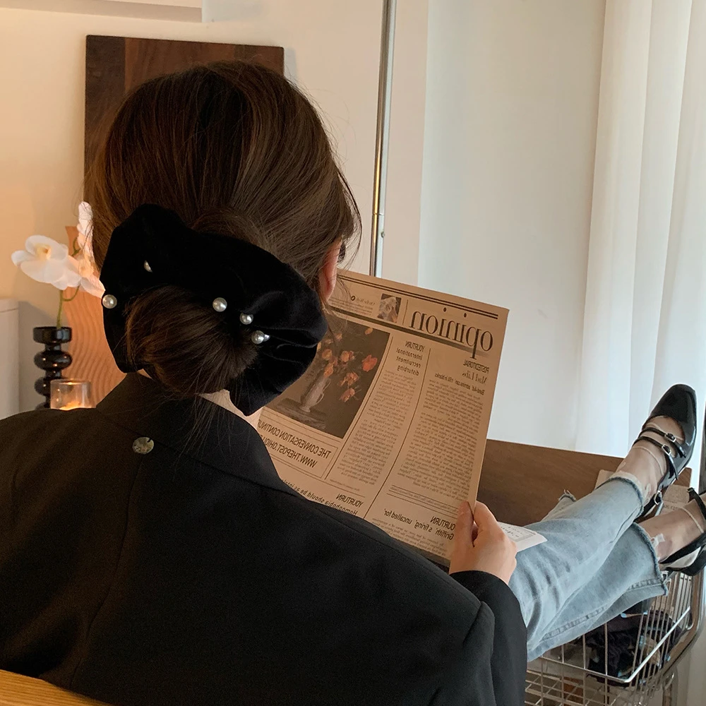 头花高级感重磅！发饰大肠气质丝绒法式女发绳大号珍珠发圈褶皱