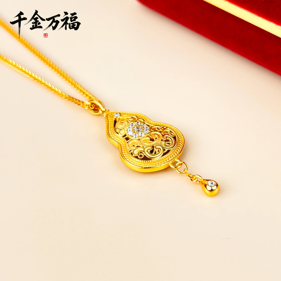 坠链均925银合成锆石 镀金色满钻镂空花丝葫芦中式项链女神节礼物