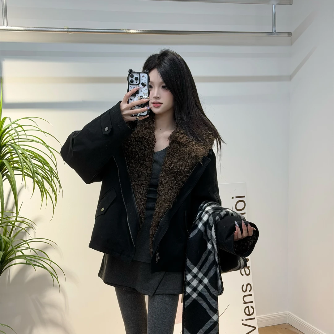 蔡小姐2025不褪色长袖冬季翻领女原色派克服拼接休闲设计师网红