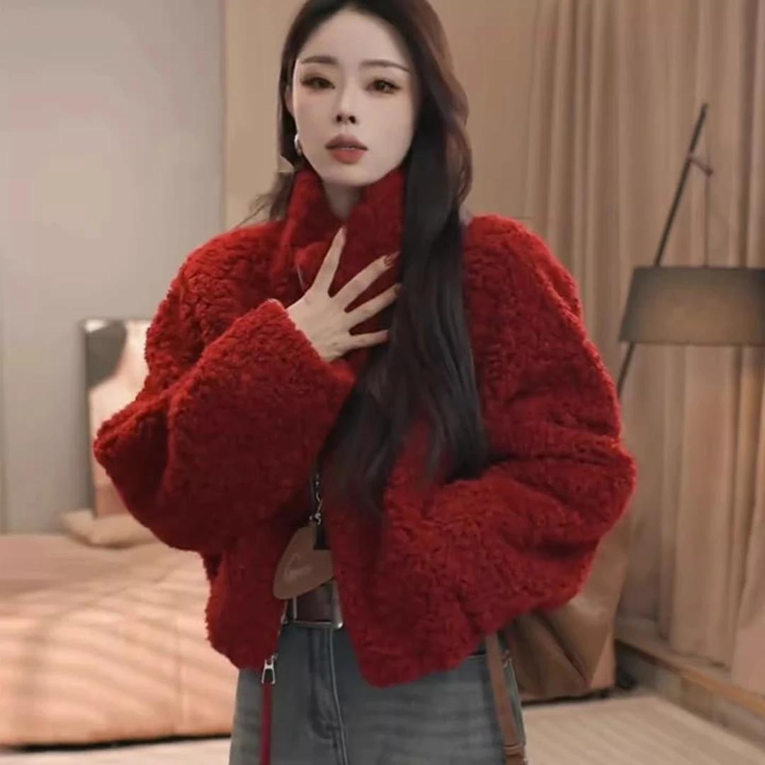 仿皮毛一体羊羔毛外套女2025冬季新款高级感拉链环保皮草短款上衣