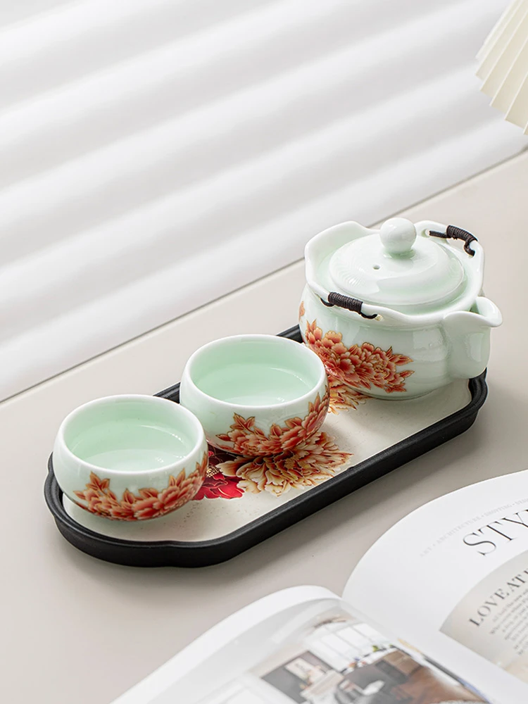 青瓷功夫茶具一壶两杯家用中式牡丹花遇热变色泡茶壶杯小套组