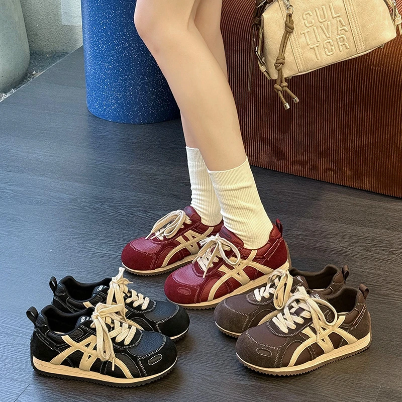 红色复古拼色德训鞋女2025年新款网面透气舒适休闲运动阿甘单鞋女