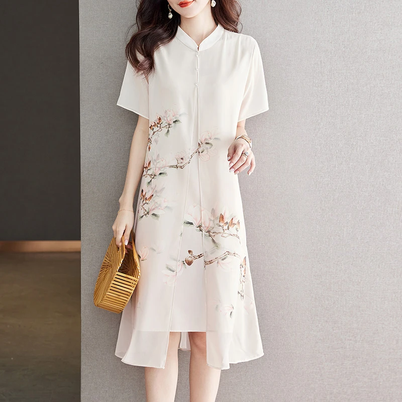 中式连衣裙夏季女装2025新款中年妈妈复古印花假两件套裙显瘦气质