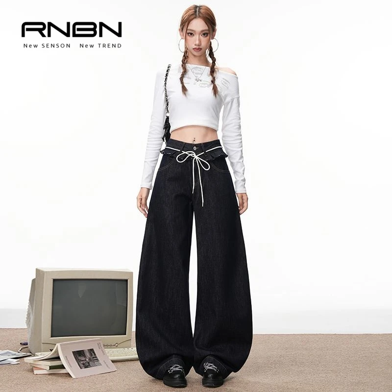 RNBN新款腰边拼接弯刀牛仔裤时尚个性宽松舒适显瘦百搭垂感休闲裤
