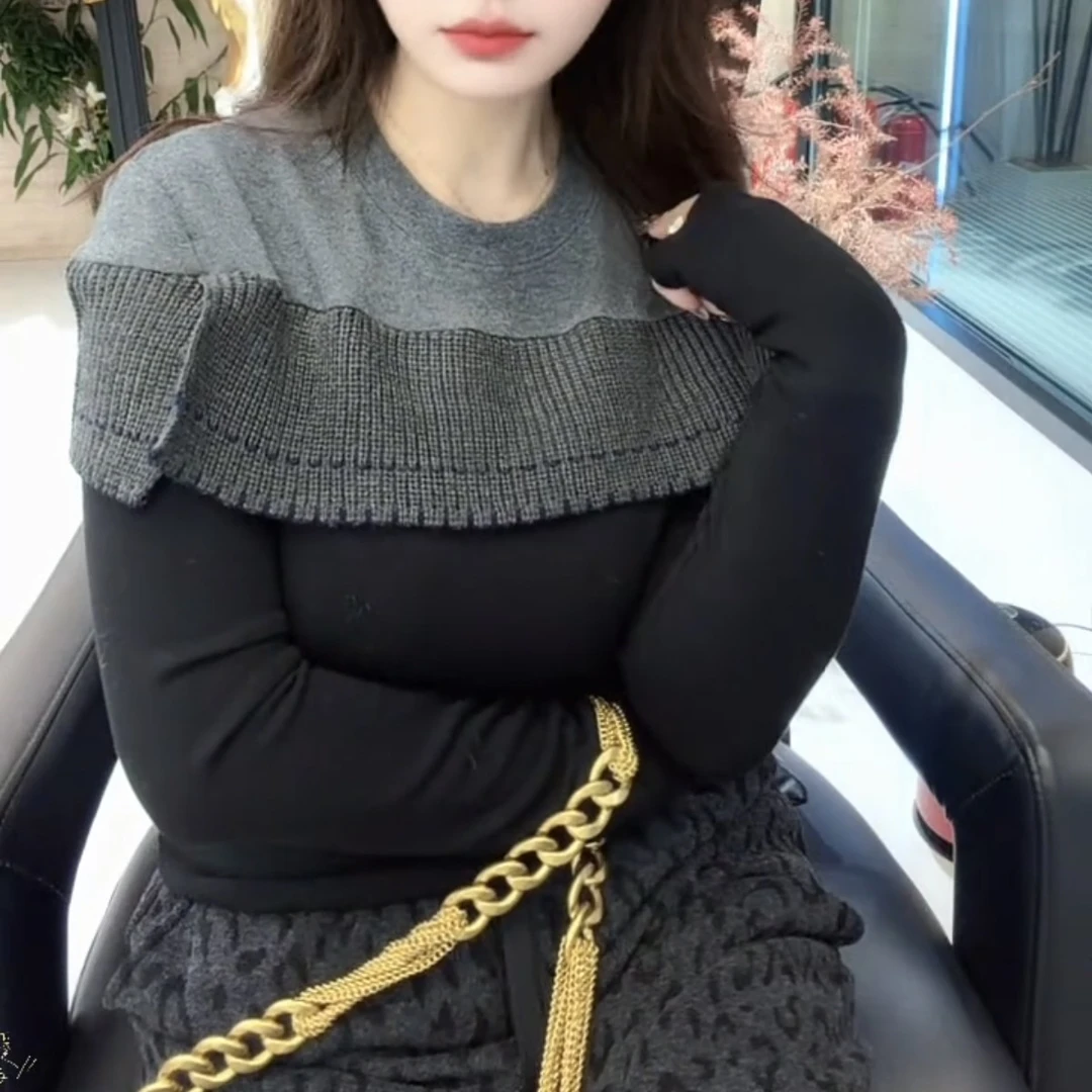 C引力长袖针织时尚修身型网红短袖外搭女荷叶边T恤拼接