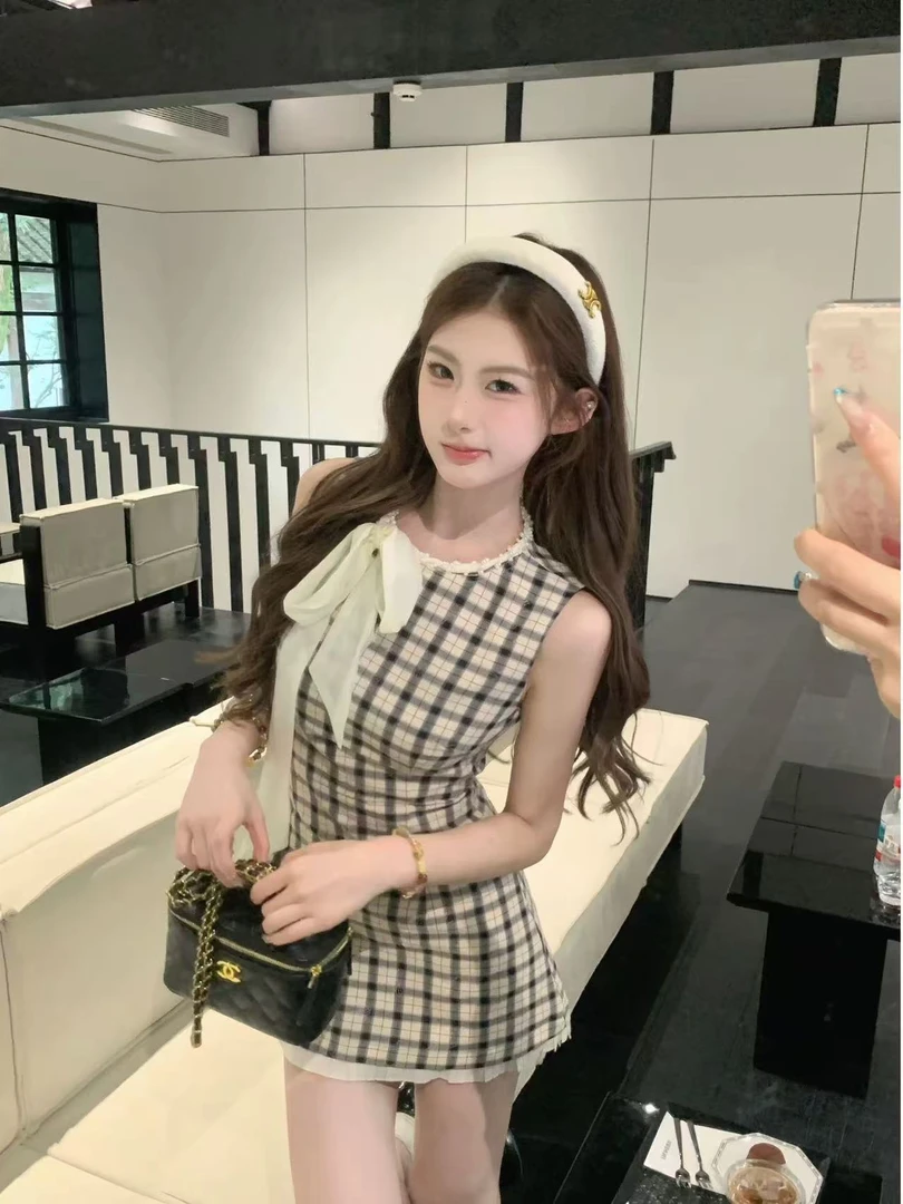 罗马千金 纯欲风蝴蝶结绑带格子背心连衣裙夏季收腰短裙夏季新款