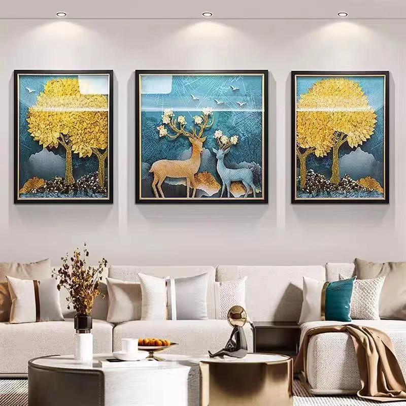 D108金秋大业高端手工立体沙发三联画客厅金帝丝绕线大气装饰挂画