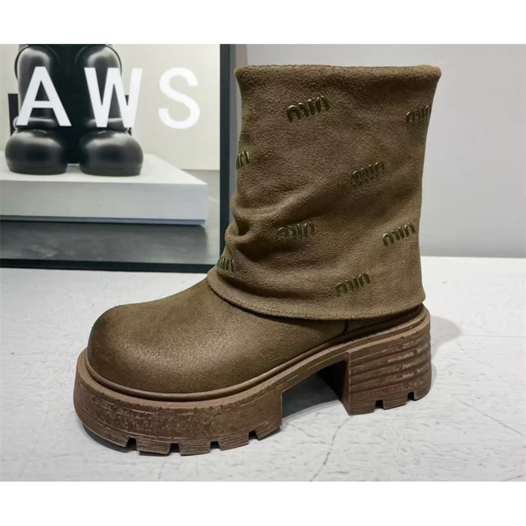 2024秋季新款时尚机车靴厚底松糕烟筒靴粗跟套筒靴子G6-4622