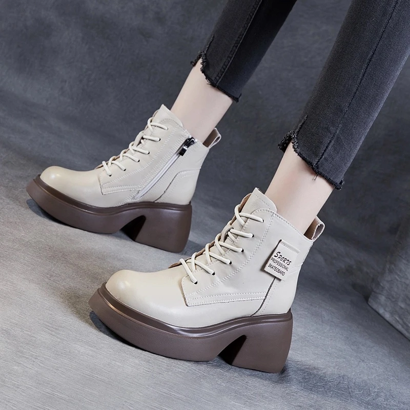 万达撤柜秋冬~头层牛皮厚底马丁靴女时尚百搭复古粗跟英伦风休闲