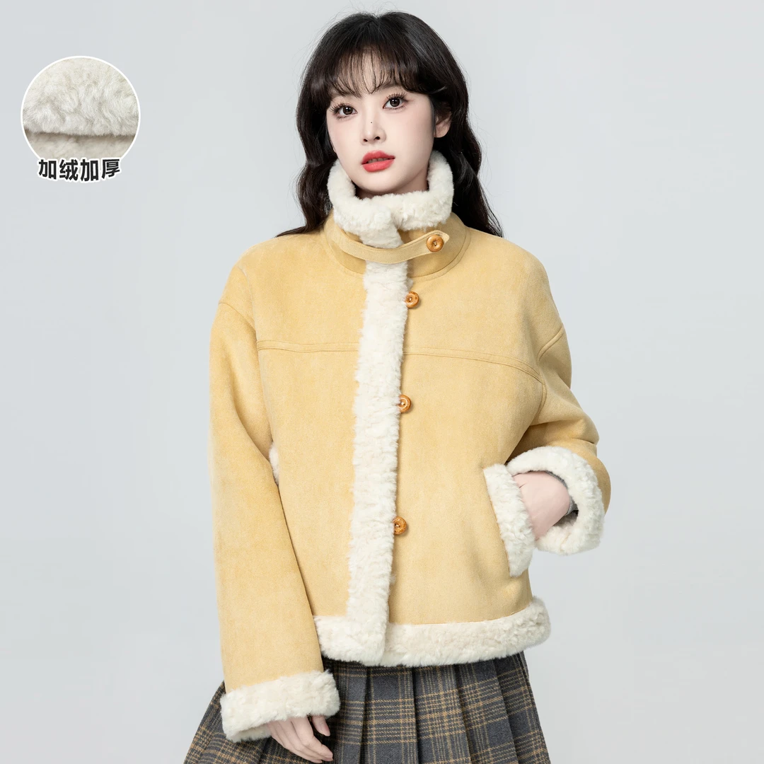 黄色麂皮绒立领外套女冬2025冬季新款保暖加绒加厚羊羔毛短款上衣