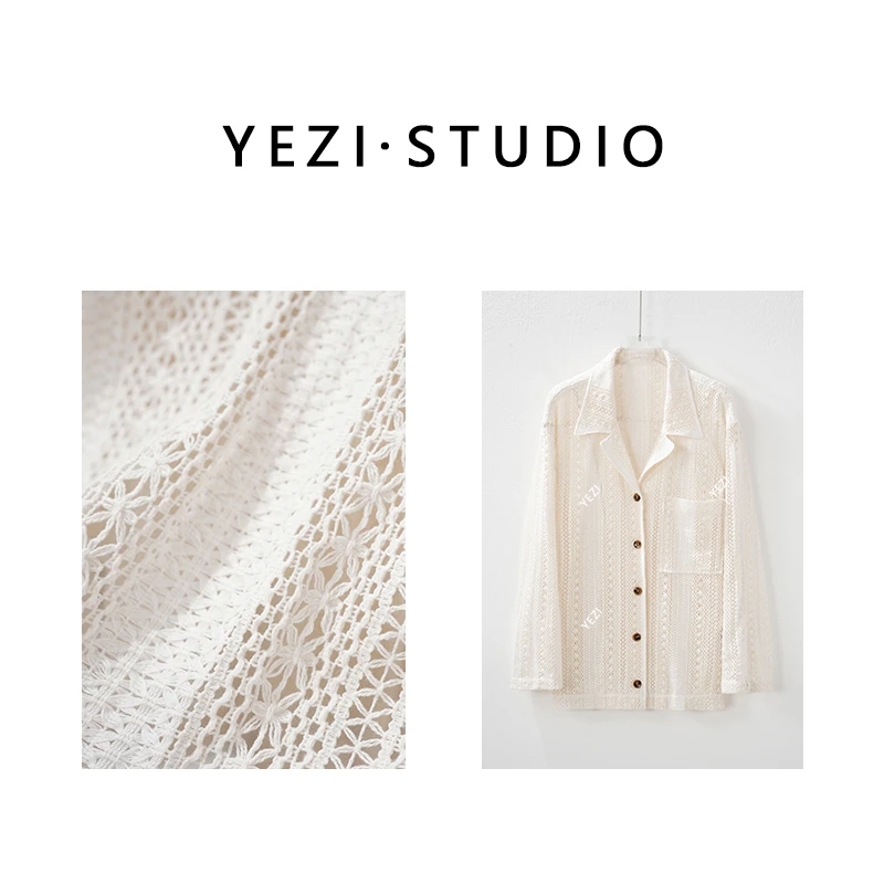【栀子白茶】棉线编织蕾丝宽松镂空长袖开衫翻领上衣25310007