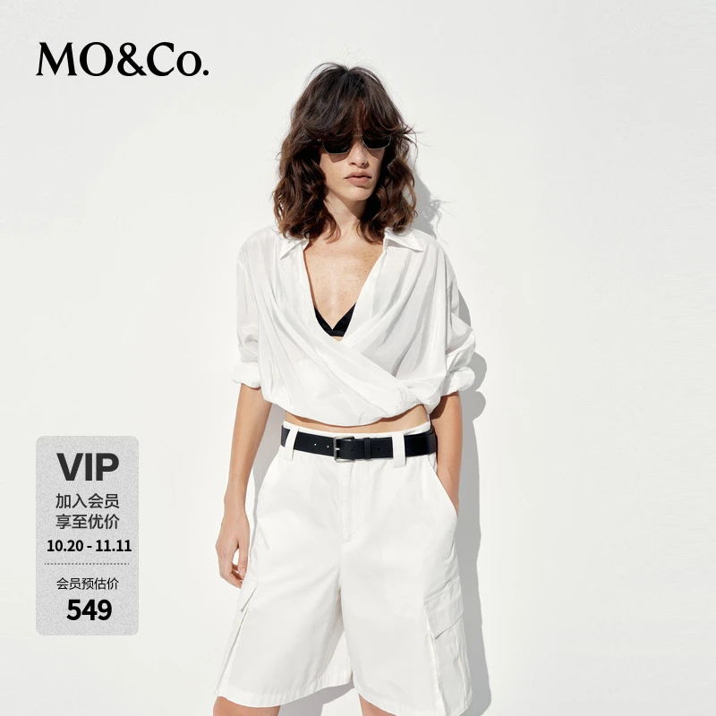 MOCO衬衫上衣2025夏新品翻领V领交叠门襟高腰短款轻薄MBE2TOPT02