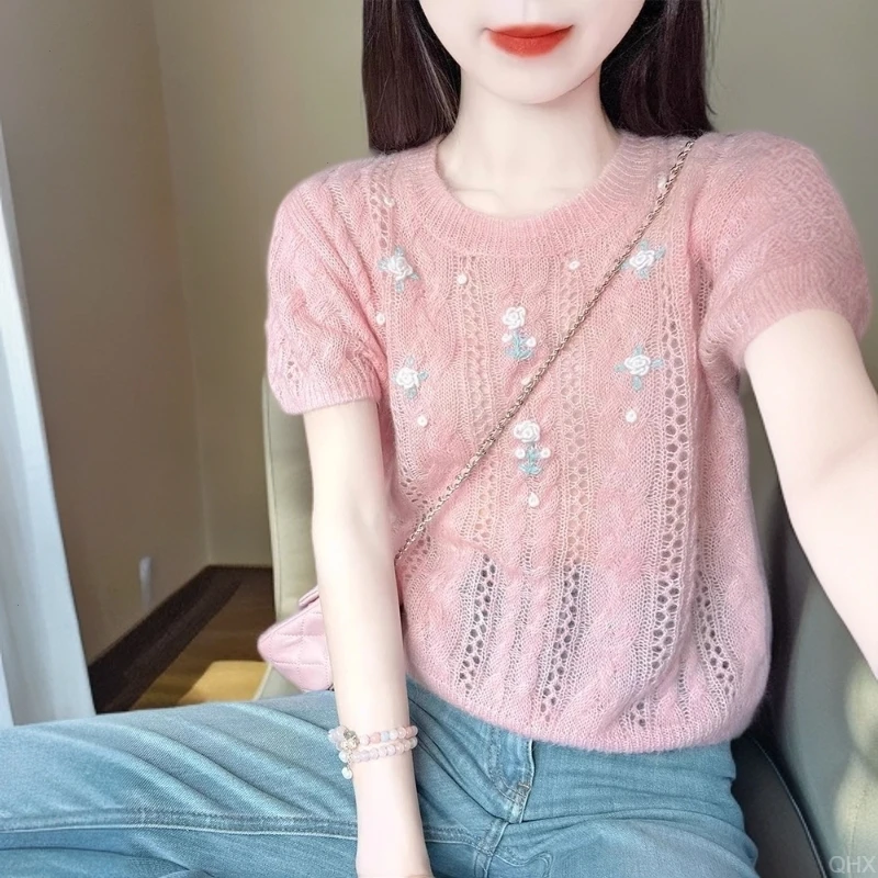 设计感镂空钩花设计感T恤针织女2025夏季宽松温柔风粉色减龄上衣