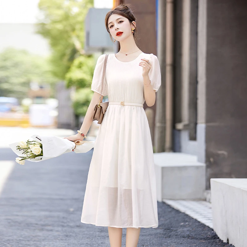 温柔甜美粉色连衣裙女夏季新款收腰显瘦减龄法式气质长裙