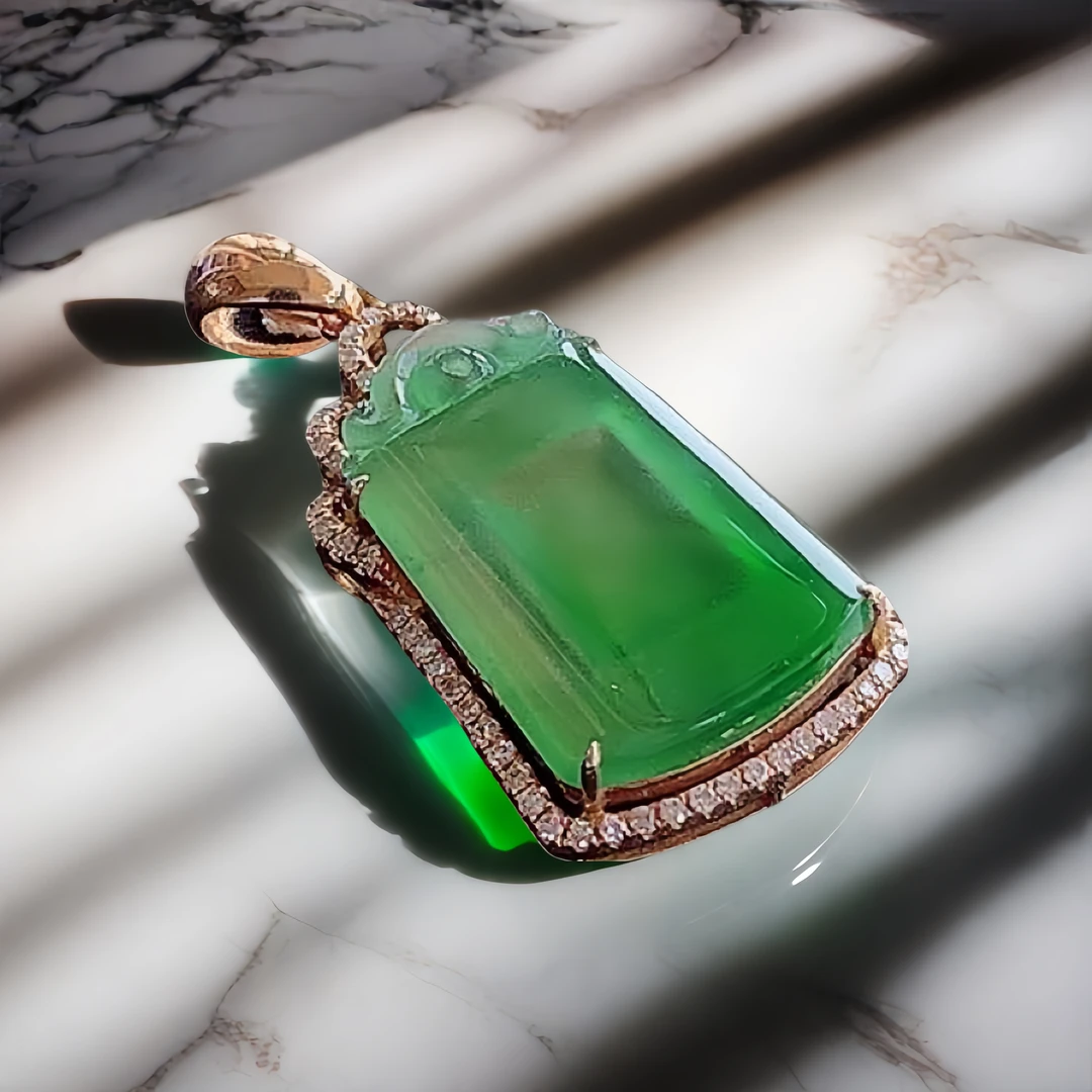 翡翠平安无事牌缅甸天然a货冰种吊坠18K玫瑰金镶嵌老坑挂件木纳料