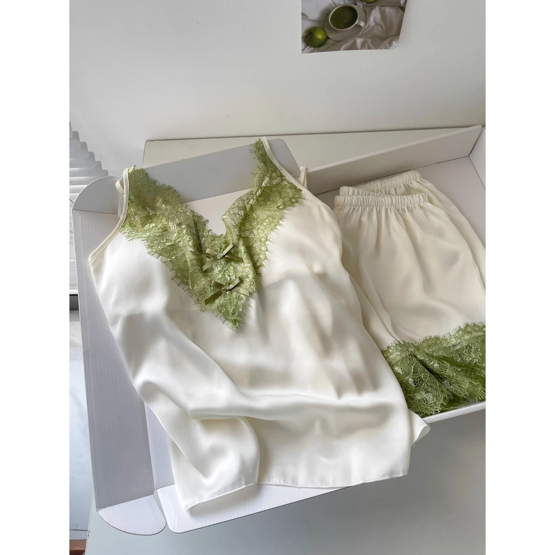 【纯欲小吊带】法式蕾丝边睡衣女夏季新款冰丝背心短裤套装家居服女