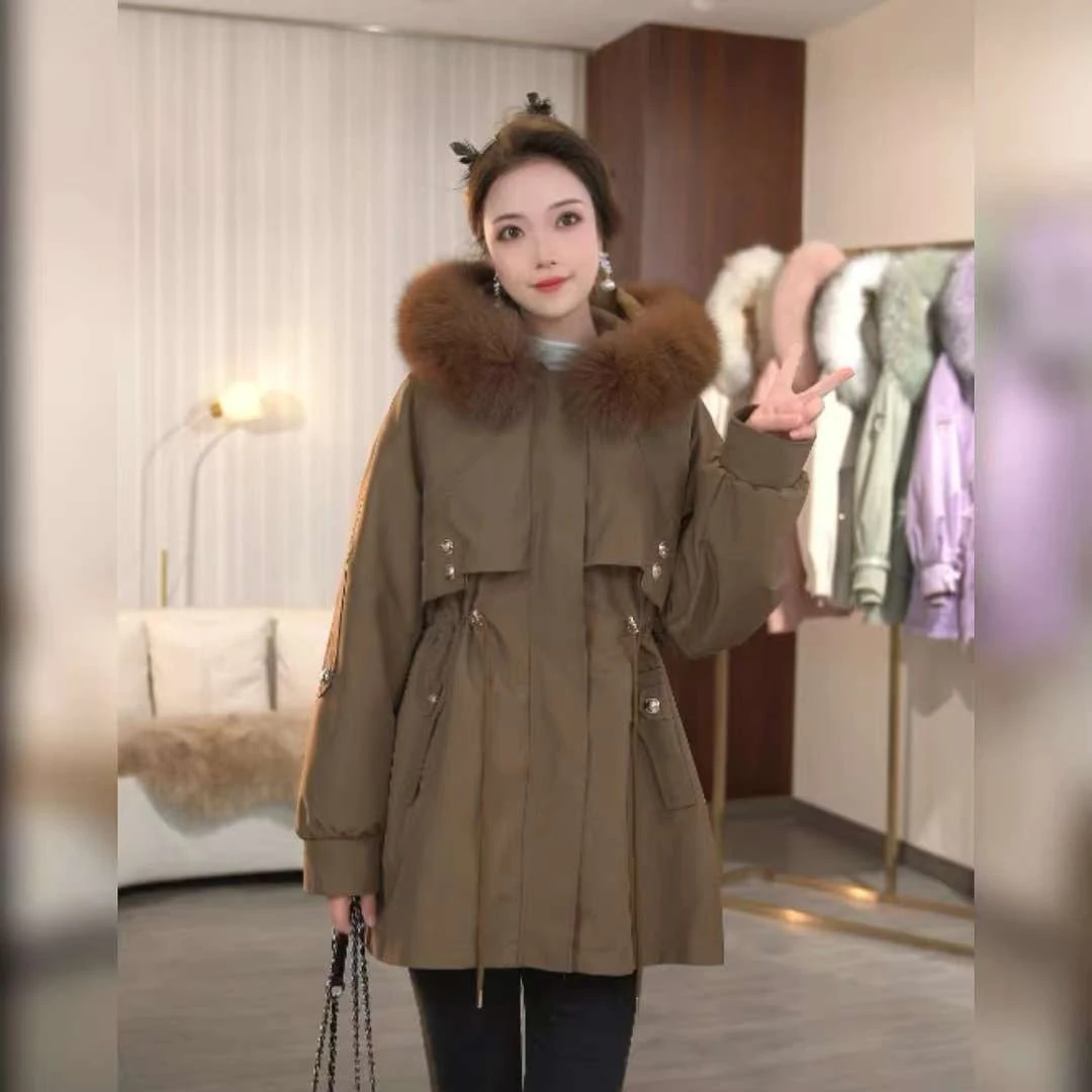 冬季派克服狐狸毛领绗缝女款百搭时尚休闲中长款大毛领宽松
