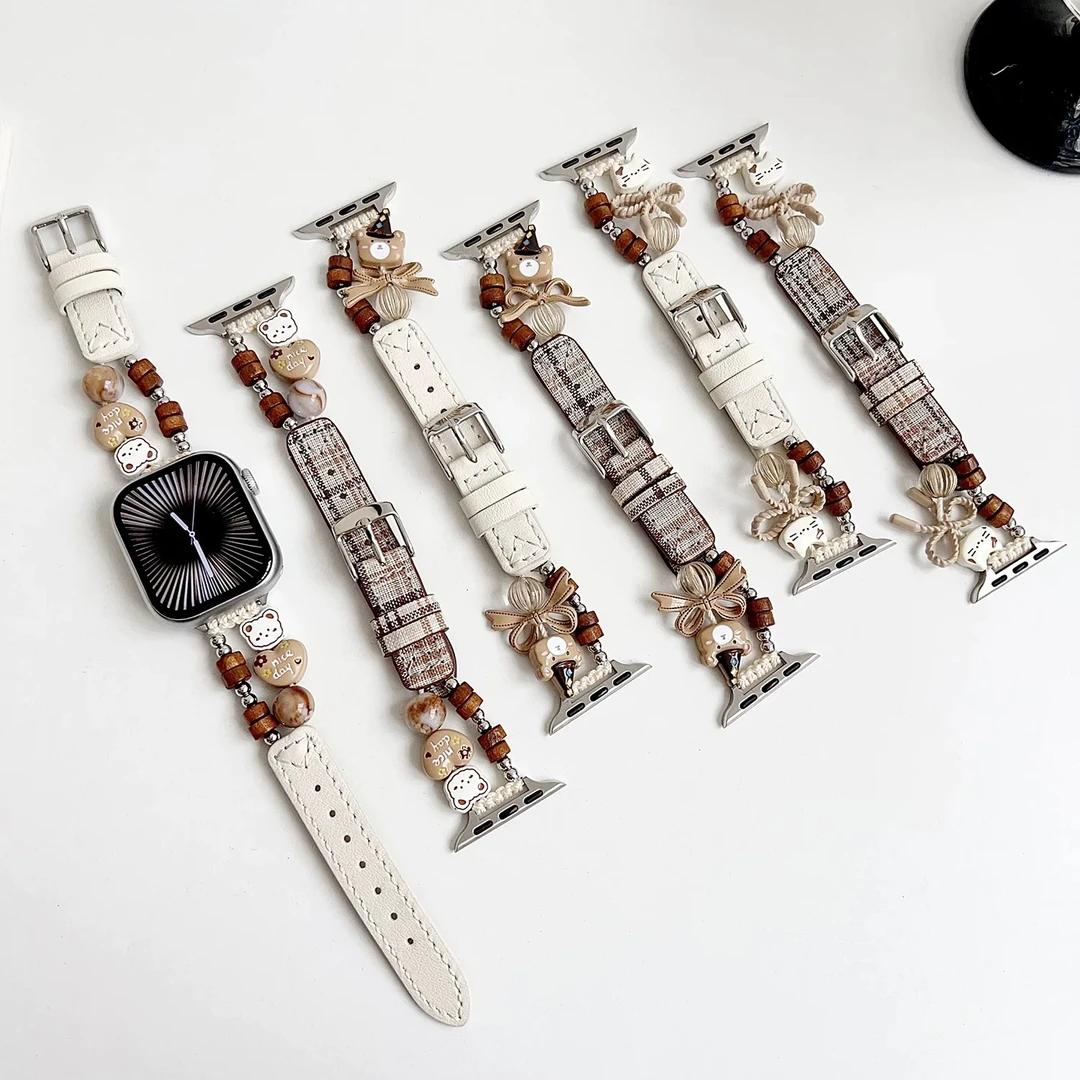 适用苹果手表iwatch猫咪蝴蝶结真皮表带小米910pro华为vivogt表带