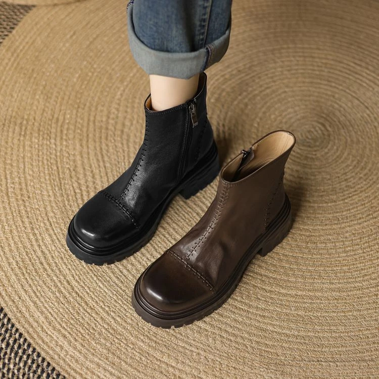5cm 英伦风复古百搭粗跟短靴秋冬通勤休闲简约时尚侧拉链棕色短靴
