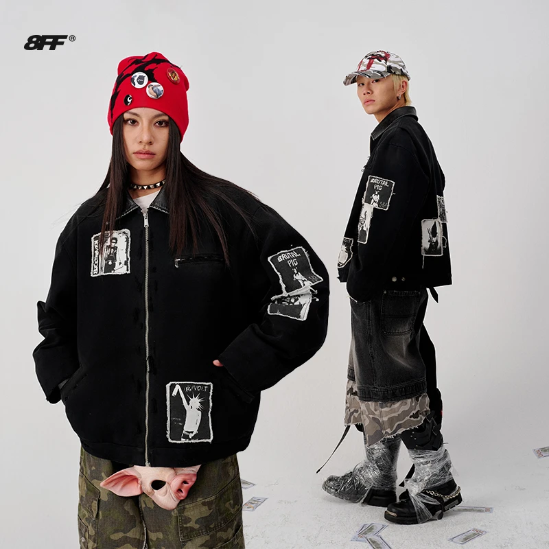 8FF大不相同/25SS拼皮做旧重工贴布绣夹克短款宽松卡哈特水洗磨破