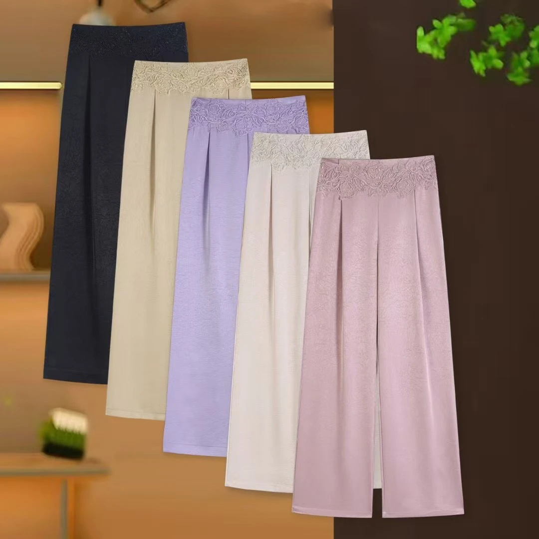 2025春夏新款松紧腰拼接蕾丝花边休闲显瘦直筒裤百搭国风阔腿裤女