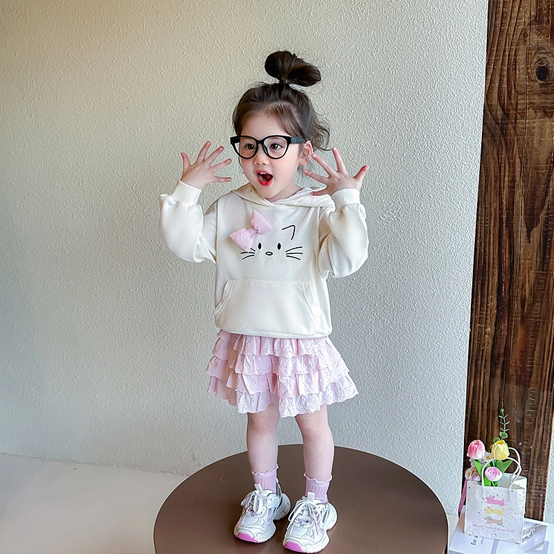 女童秋季2025儿童时尚洋气潮流百搭儿童卡通猫咪甜美蛋糕裙套装