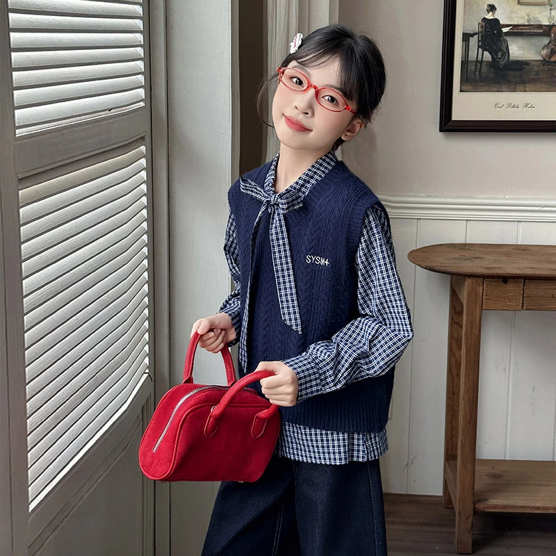 女童秋季春秋字母套头常规格子女孩学院风卡通动漫套装韩版中大童