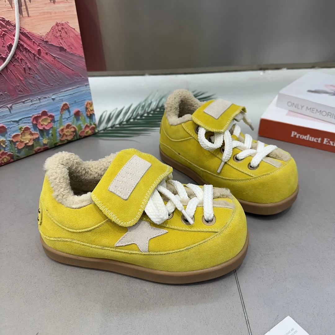 磨砂皮大头丑萌面包鞋女厚底松糕加绒系带增高星星休闲板鞋棉鞋潮