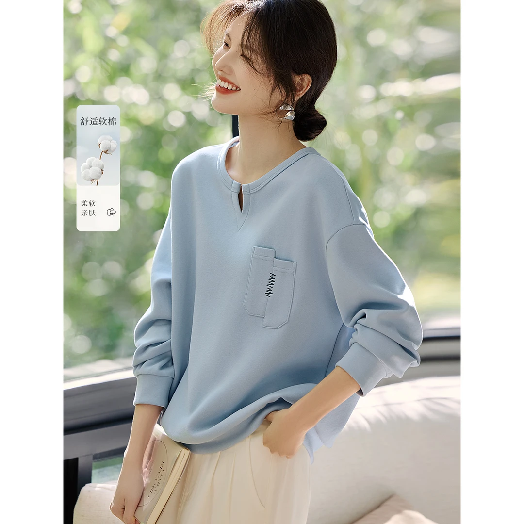 撞色刺绣线迹小V领女士卫衣2025秋季口袋撞色线设计9638