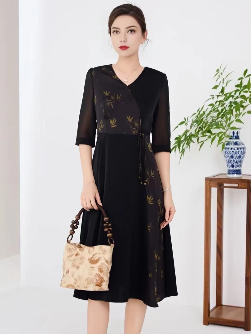 【F5698】新款时尚气质印花国风新中式连衣裙