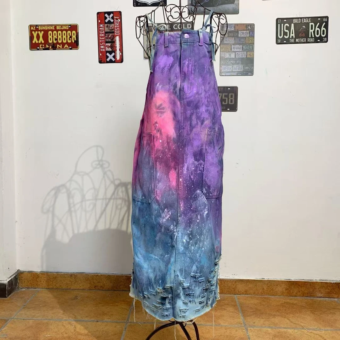 N爱琴海-2025原创手绘潮牌欧洲站法式百搭牛仔时尚度假风背带裙