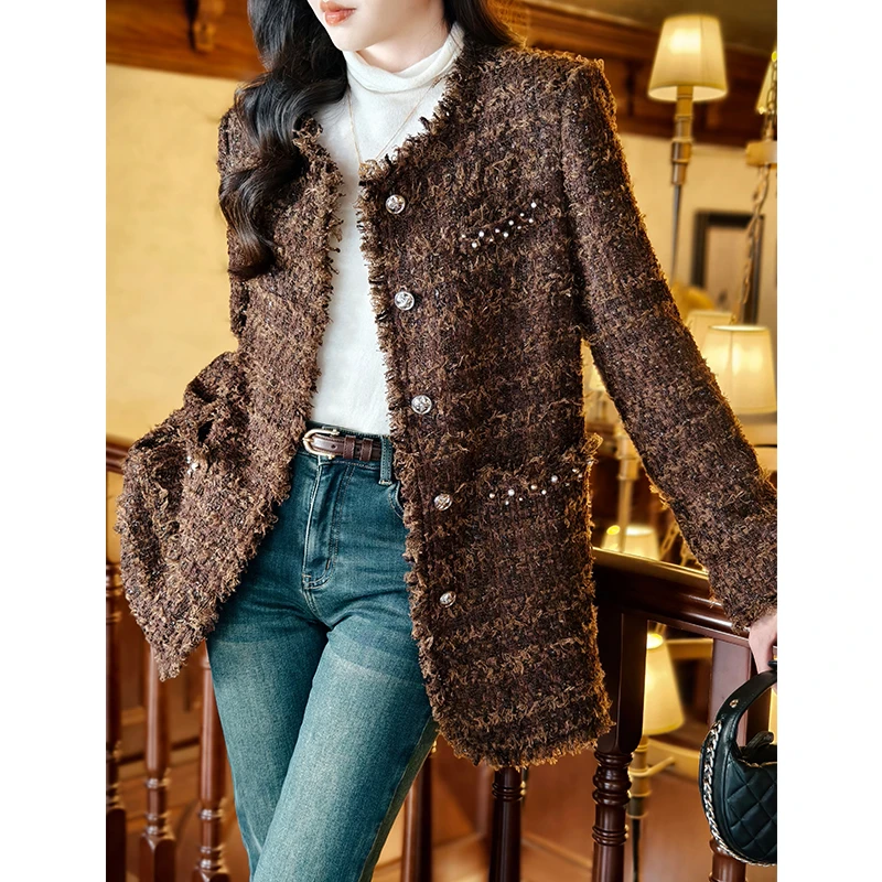 美洋MEIYANG 鹿比小香外套 彩条肌理粗花呢_毛须边宽松圆领上衣