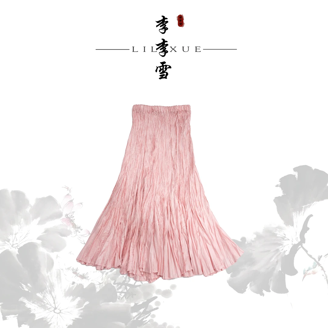 LILIXUE『粉色佳人』夏季中式国风压褶半裙