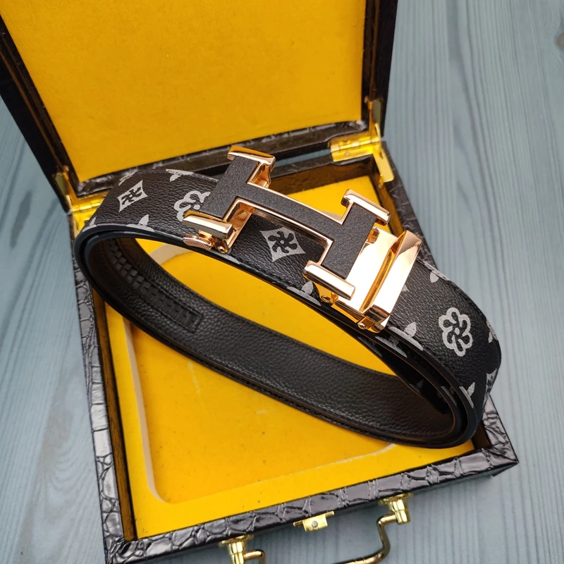 自动扣皮带男士真皮牛皮腰带经典老花高档印花H扣商务百搭裤腰带