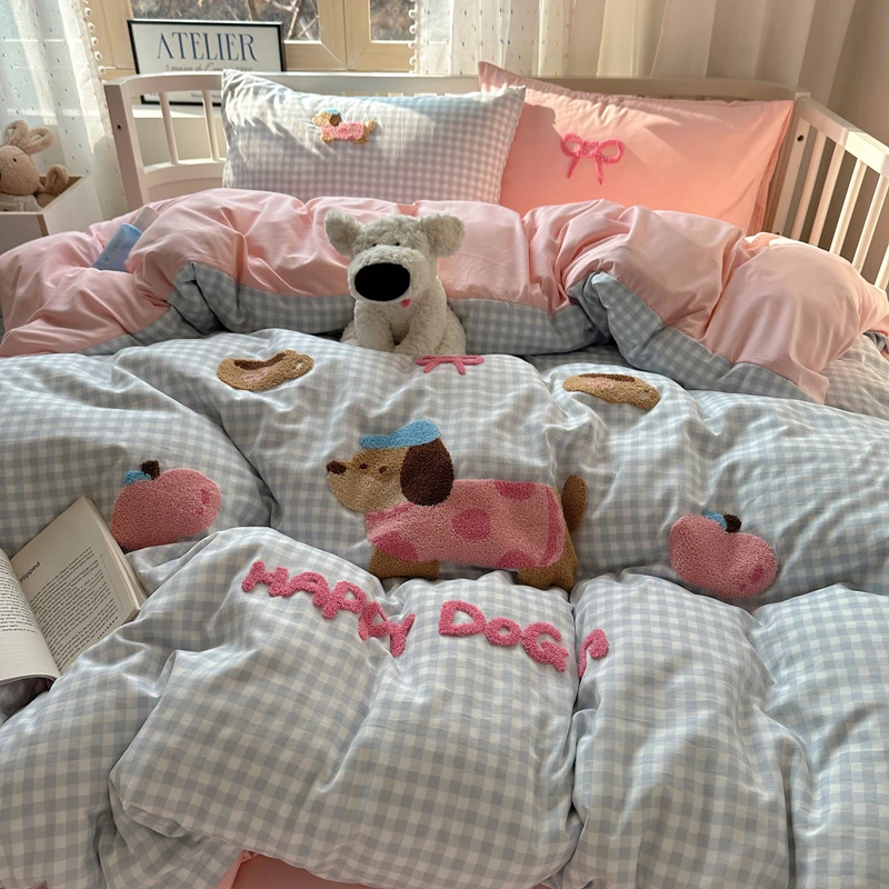 ins水洗棉床上四件套毛巾绣床品少女可爱学生宿舍被套床单三件套3