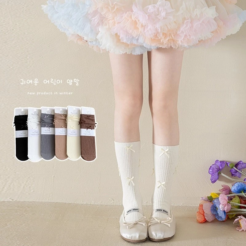 女童袜子中筒配裙子白色儿童公主小孩春秋蝴蝶结长筒女孩可爱秋季