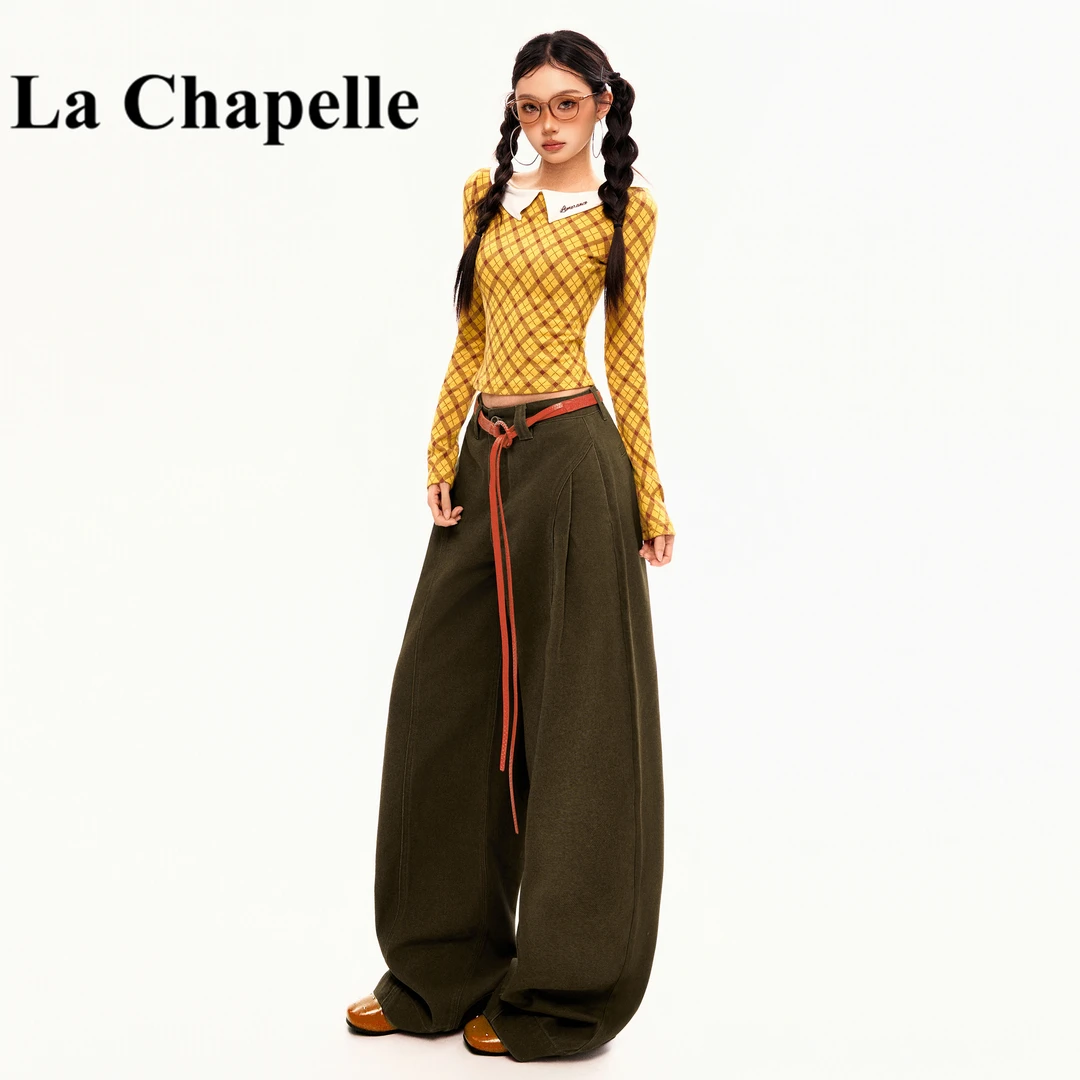 拉夏贝尔复古棕咖色弯刀阔腿牛仔裤女秋季美拉德宽松高腰镰刀裤子