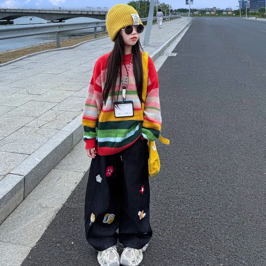 女童春秋款牛仔裤2025新款网红中大儿童弯刀裤初中生秋季休闲裤子