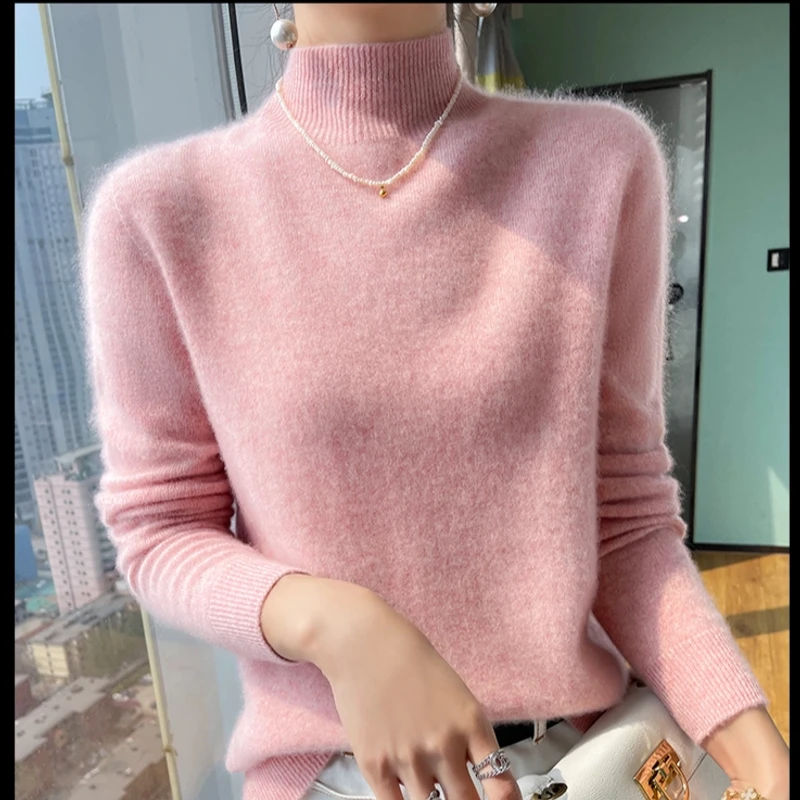 亲肤绒中高领打底衫长袖针织百搭女士宽松时尚纯色