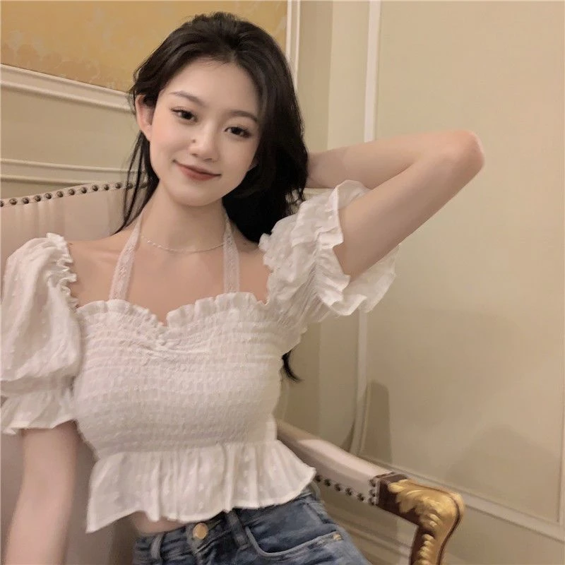 白色衬衫女小众设计感夏季新款提花百搭修身显瘦短款泡泡袖上衣