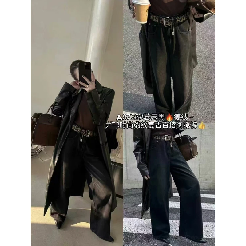 【锦衣服饰 无腰带】A  3708（3723）（6222）复古时尚德绒豹纹阔腿