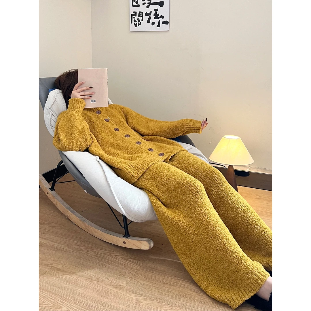 韩版毛衣半边绒睡衣女秋冬开衫外套加厚保暖针织家居服套装可外穿