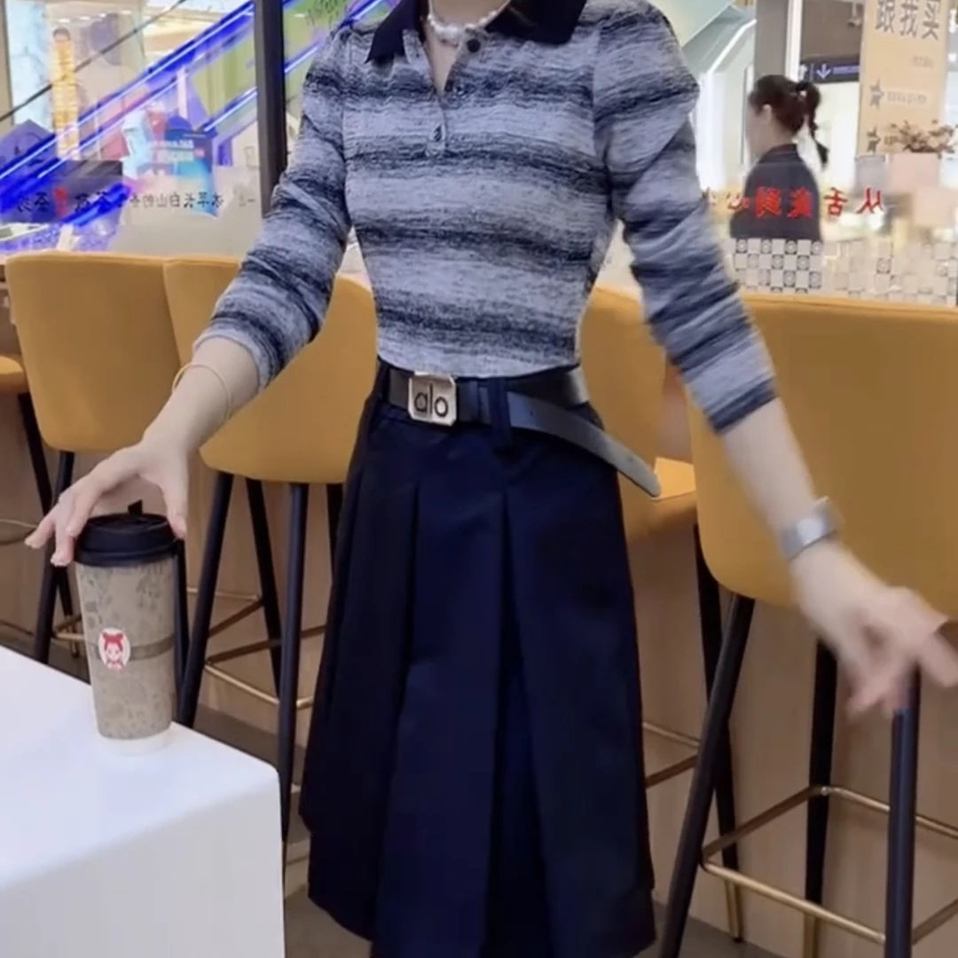 新款拼接条纹翻领收腰显瘦连衣裙