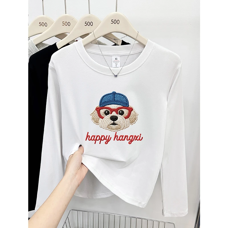 胖mm大码女装正肩长袖t恤2025秋冬季狗狗印花打底衫圆领显瘦上衣