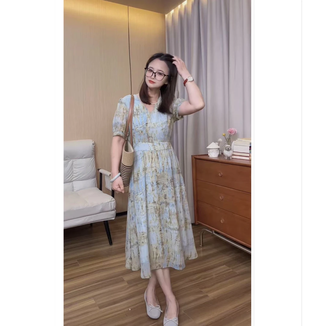 小个子晕染碎花连衣裙显瘦时尚洋气夏季复古法式收腰裙子056