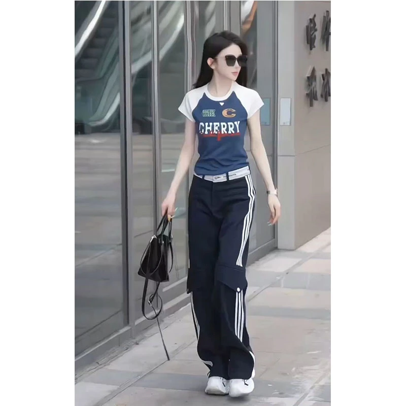2025夏季美式时尚字母印花正肩短袖t恤三条杠直筒阔腿裤垂感套装