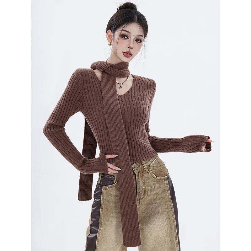 【秋季五折】KEN STUDIO原创V领复古系带长袖针织衫女短款上衣